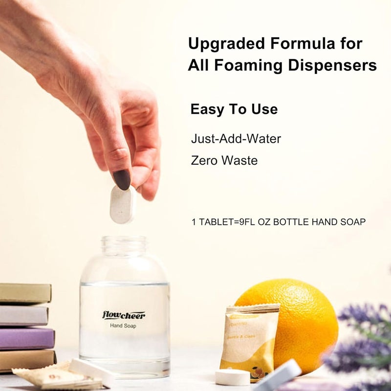 flowcheer Hand Soap Starter Set –1 Refillable CrystalClear Glass Foaming Hand Soap Dispenser + 4 Scented Soap Refill Tablets, 4 x 9 Fl oz,Soap Pump for Bathroom Kitchen Countertop - Image 4